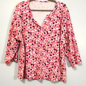 Kim Rogers T shirt Size 3X 3/4 Sleeve Casual V Neck Cotton Pink & White Spring